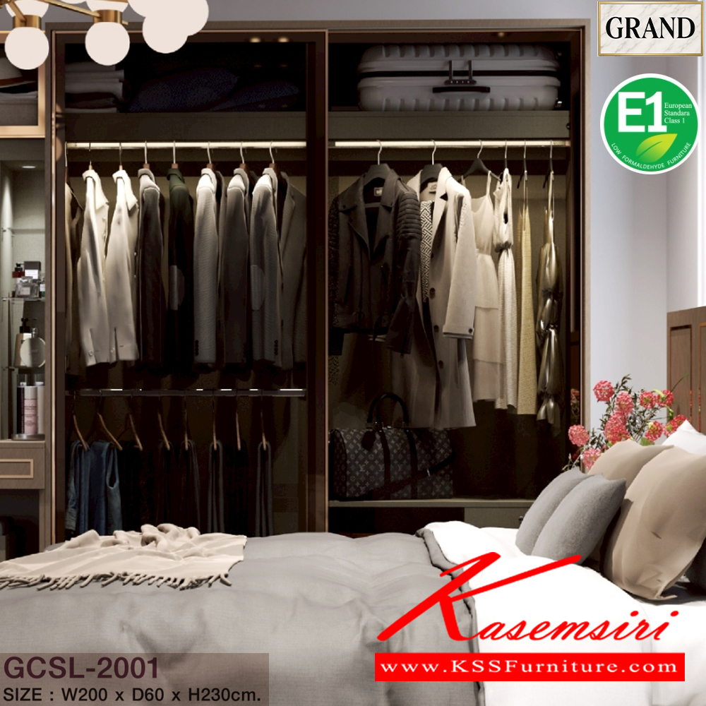 10012::GCSL-2001::ตู้เสื้อผ้าบานเลื่อน 200 ซม.ขนาด 200x60x230 cm.SPEC:MELAMINE(E1) ใช้รางเลื่อน Soft Close แผ่นข้างเมลามีน หน้าบานเฟรมอลูมิเนียมสีทองกระจกชาดำ มี LEDT5 สี วอร์มไวท์ เอ็กซ์ซีเอฟ ตู้เสื้อผ้า-บานเลื่อน