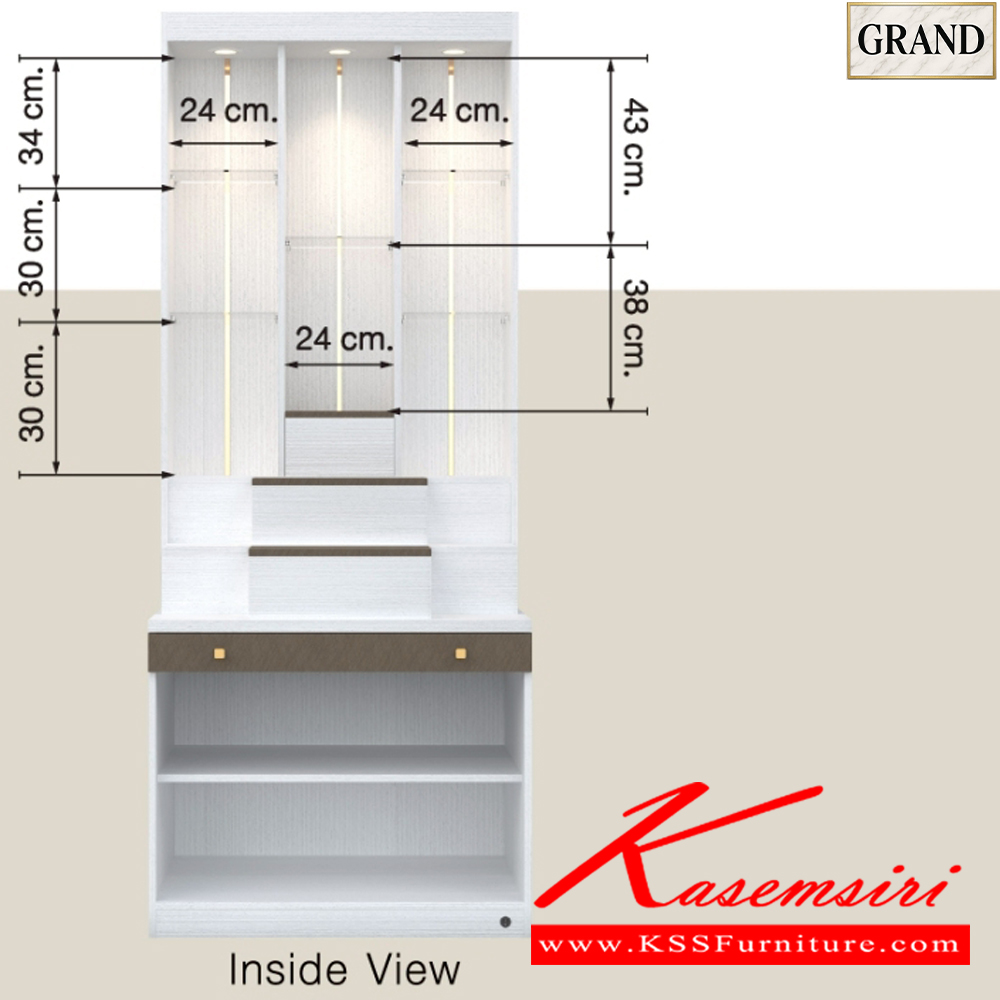 64000::GO-06A::ตู้หิ้งพระ 80 ซม. ขนาด 80x60x200 cm.SPEC:MELAMINEทั้งตัว WH/FS(ขาววู้ดลิฟ/ฟอสซิลค์) ชั้นวางกระจกวางพระได้สูงสุด5นิ้ว มีลิ้นชักถาดวางเครื่องสักการะ บานพับ SoftClose รางลิ้นชักลูกปืน ปุ่มจับอลูมิเนียมสีทอง เดินคิ้วอลูสีทอง ไฟดาวน์ไลนท์สีวอร์มไวท์