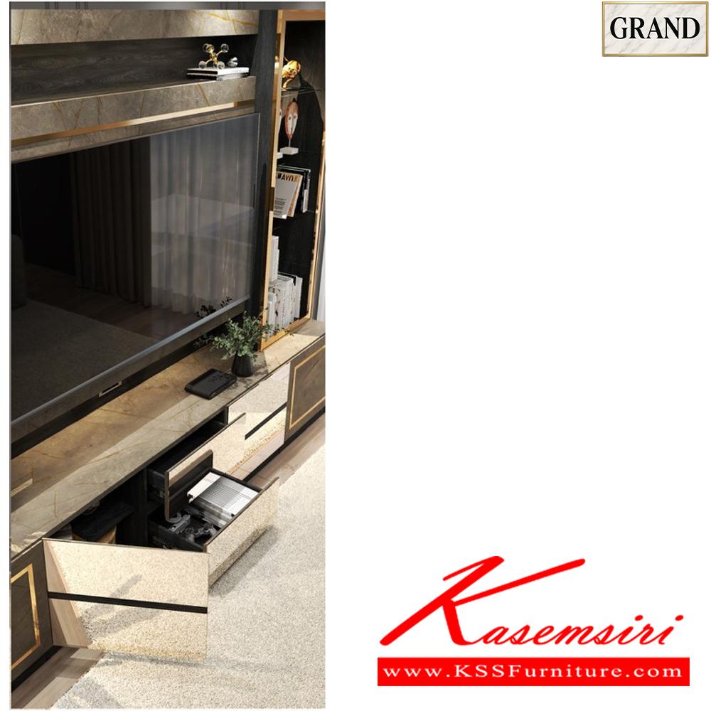 32033::GT-301::ตู้โฮมเธียเตอร์ 300 ซม.วางทีวีได้สูงสุด 75 นิ้ว  ขนาด 300x50x230 cm.SPEC:PU/MELAMINE(E1)  รางลิ้นชักลูกปืน  บานพับ SoftClose คิ้วเฟรมมือจับอลูมิเนียมสีโกลด์ ไฟดาวน์ไลท์ ไฟ T5 สีวอร์มไวท์ กระจกเงาทอง ปุ่มจับซิงค์ทอง เอ็กซ์ซีเอฟ ตู้วางทีวี