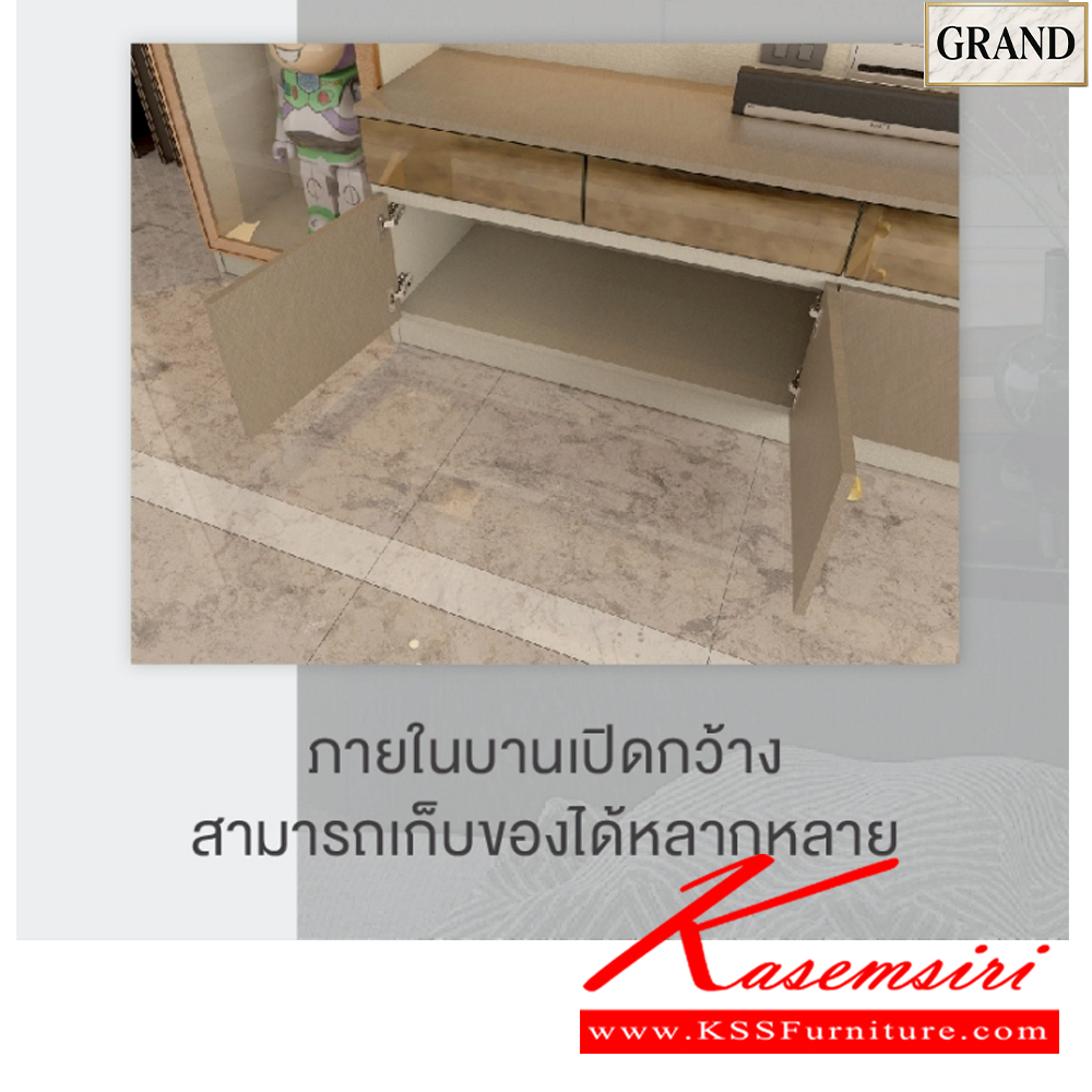 09022::GT-302A(มีมือจับ)::ตู้โฮมเธียเตอร์ ตู้โชว์ดาวน์ไลท์ วางทีวีได้สูงสุด 70 นิ้ว,มีไฟเส้น  ขนาด 300x50x230 cm.SPEC:PU/MELAMINE(E1) CM/FS(คาราเมล/ฟอสซิลค์) รางลิ้นชักลูกปืน  บานพับ SoftClose คิ้วเฟรมมือจับอลูมิเนียมสีโกลด์ ไฟดาวน์ไลท์ กระจกเงาทอง