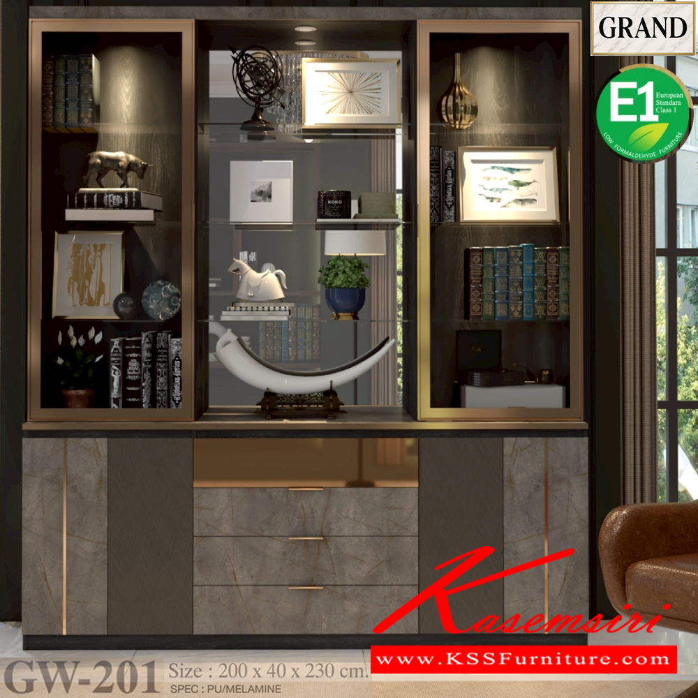 33087::GW-201::ตู้โชว์ดาวน์ไลท์ ขนาด 200x40x230 cm.SPEC:PU/MELAMINE(E1)เฟรมอลูมิเนียมสีทอง บานพับ Soft close ลิ้นชักบนติดกระจกเงาทอง รางลิ้นชักลูกปืน มือจับอลูมิเนียมสีทอง คิ้วอลูมิเนียมสีทอง ชั้นปรับกระจกใส หนา 5มม. ไฟดาวน์ไลท์สีวอร์มไวท์ เอ็กซ์ซีเอฟ ตู้โชว์