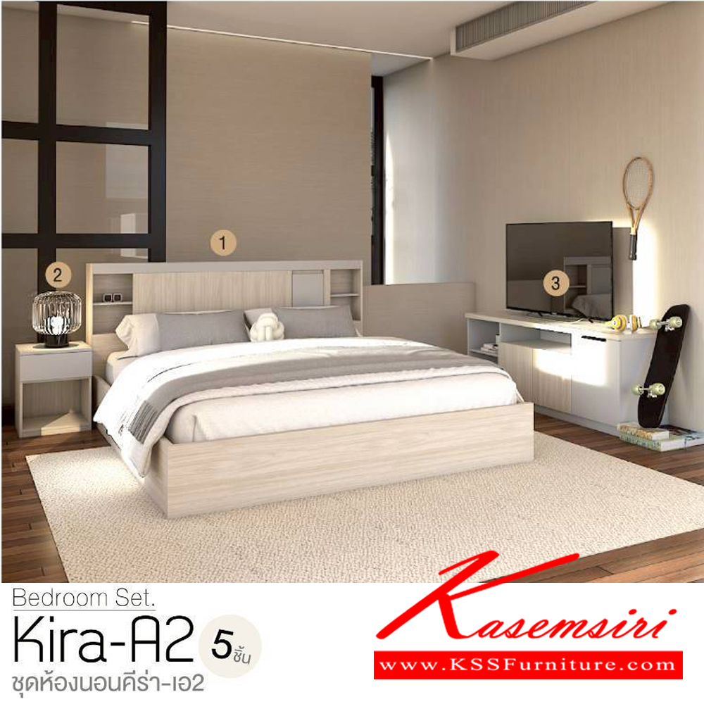 65078::KIRA-A2(5ชิ้น)::ชุดห้องนอน KIRA-A2 ประกอบด้วย เตียง5ฟุต(B-501)หรือเตียง6ฟุต(B-601) ตู้หัวเตียง(NT-407) ตู้ทีวี(TV-1616) ตู้เสื้อผ้า 200 ซม.(WR-2010-2) และ โต๊ะแป้งนั่ง(WD-903E1) SPEC:PU/MELAMINE (E1) สีไวท์โอ๊ค/เทา,สีขาว/ลินิน เอ็กซ์ซีเอฟ ชุดห้องนอน